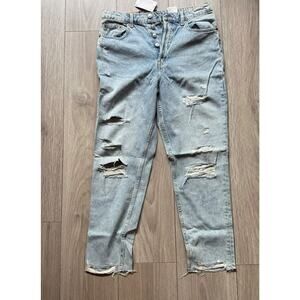 H&M denim Jeans Womens sz 8 Ultra High Waist Mom Buttonfly light blue distressed